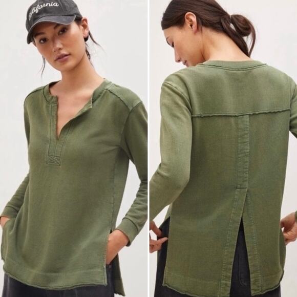 ANTHROPOLOGIE Pilcro Olive Green Terry Split Hem Tunic Top Distressed Cotton - Picture 1 of 16